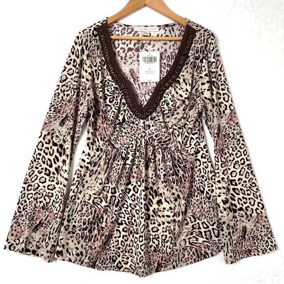 Boston Proper Shirt Womens S Brown Leopard Beaded Trim Long Sleeve Blouse NEW - Picture 1 of 9